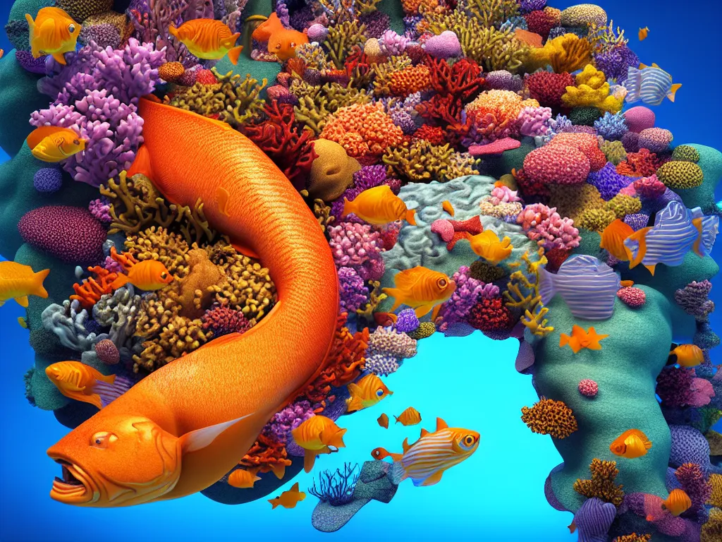 Prompt: a sculpture of fish ocean intertwined, diode lighting, a lovely cornucopia of flowers and human body parts, body parts, highly detailed, octane render, cinematic, sharp focus, clean, studio lighting, sunset, great barrier reef, up than sea level