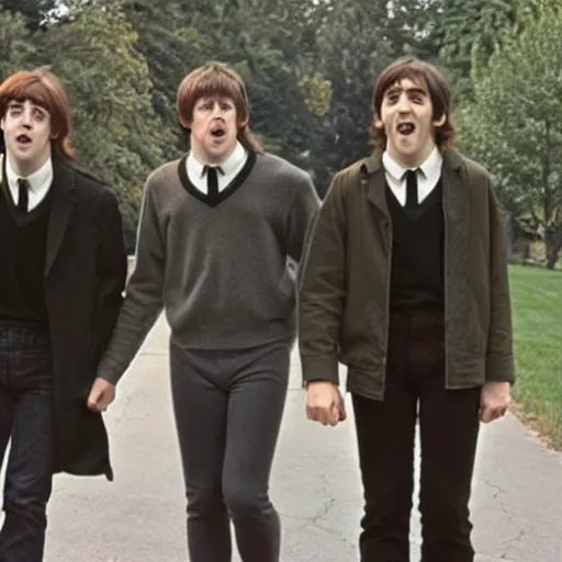 Prompt: Harry, Ron Hermione, and Neville appearing as The Beatles