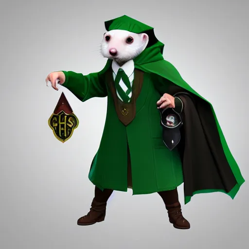 Image similar to a anthropomorphic ferret is dressed as a hogwarts student in slytherin robes, hyperdetailed, artstation, cgsociety, 8 k