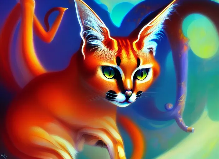 Prompt: cat caracal, colorful, murata range, pixiv, vibrant, magical fantasy, karolis strautniekas, james jean, yanjun cheng, art deco, art nouveau, digital art, enchanted, owls, kyoto animation