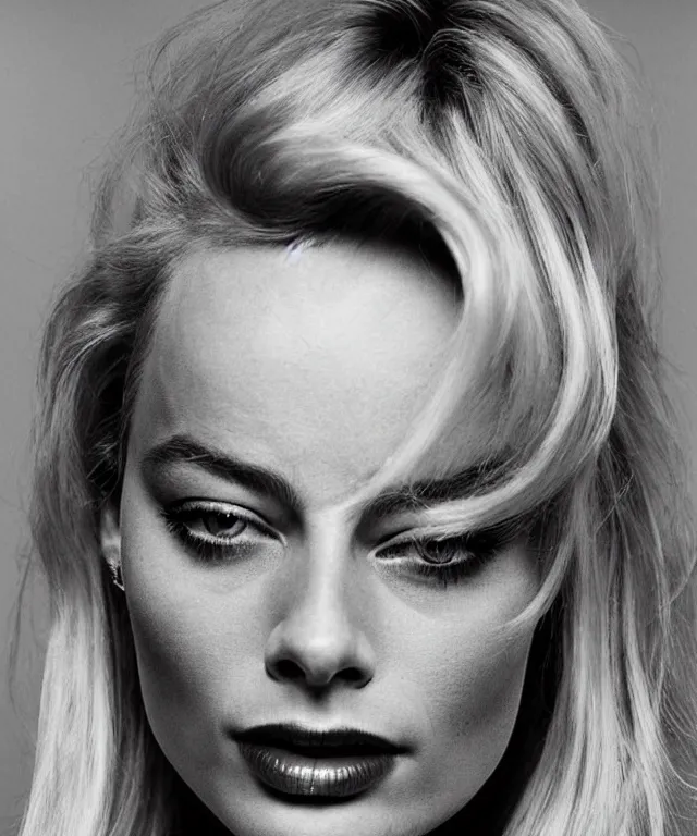 Prompt: a color photograph of margot robbie, by robert mapplethorpe, platinum blond, intense, bold, exaggerated, ultra sharp, extra details, ultra high quality, trending on pinteresst