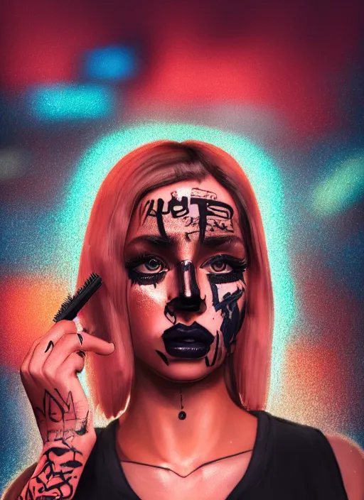 Image similar to digital painting of a streetwear woman with mascara, cryiing, a city burns in the background, police lights, distress, tattoos, dark glitter, Cinestill 50d, 4k, 8k, hd, full color, octane render, trending on artstation, highly detailed