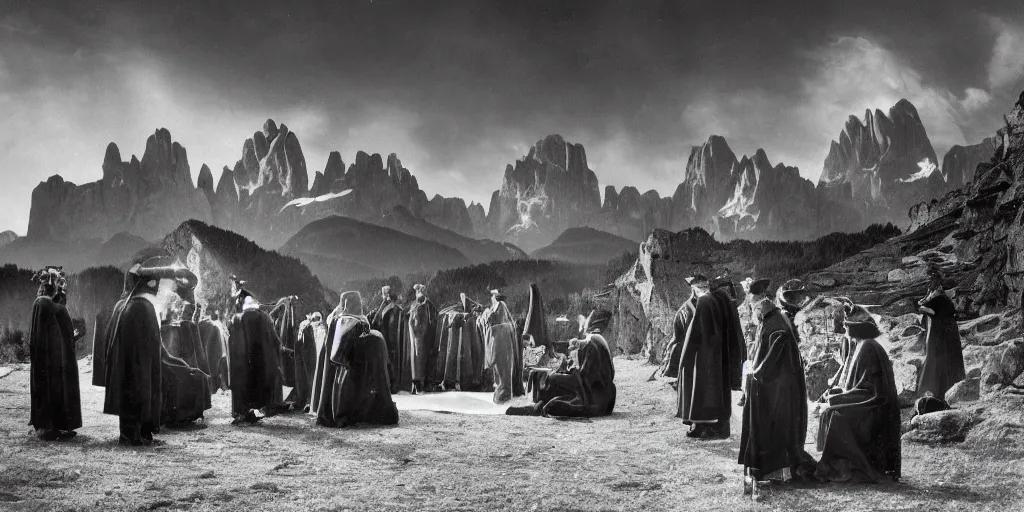 Image similar to 1920s photography of an occult ceremony and priests with hay coats and horns meeting with dolomites in the background, occult signs, wicca, alp, dolomites, alpine, detailed intricate insanely detailed octane render, 8k artistic 1920s photography, photorealistic, black and white, chiaroscuro, hd, by David Cronenberg, Raphael, Caravaggio