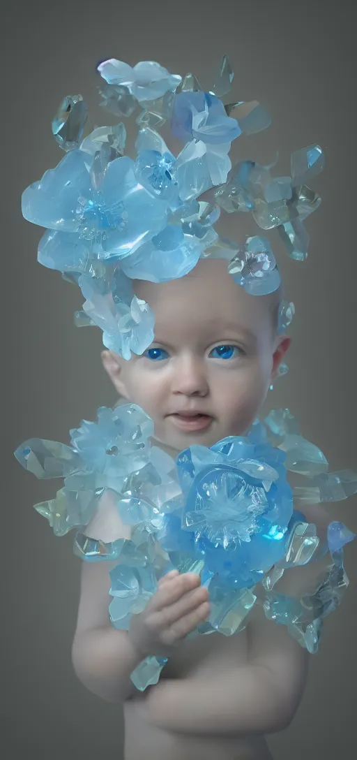 Image similar to portait crystal baby blue flower, octane render uhd, filmic lighting, cinematic art shot, hyperrealistic, hyperdetailed, super detailed, 8 k, high resolution, 8 k uhd, mega high white mountain, midnight