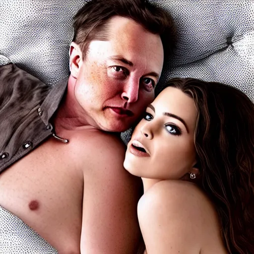 Image similar to boudoir photoshoot of elon musk and courtney kardashian, high quality