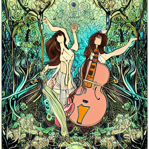 Prompt: art nouveau print hippies dancing in a flower forest, magic occult ceremony ritual summoning guitar, flowing forms, viewed from below, by pascal blanche, ultra wide angle, beautiful sky, highly detailed, 8 k artstation