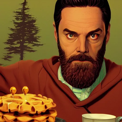 Prompt: twin peaks poster by michael whelan and tomer hanuka, close up portrait of bearded man failing to make a waffle, full of details, by makoto shinkai and thomas kinkade, matte painting, trending on artstation and unreal engine