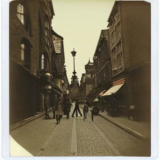 Image similar to a street level Polaroid of a steampunk victorian city street, with people walking on the streets, at night