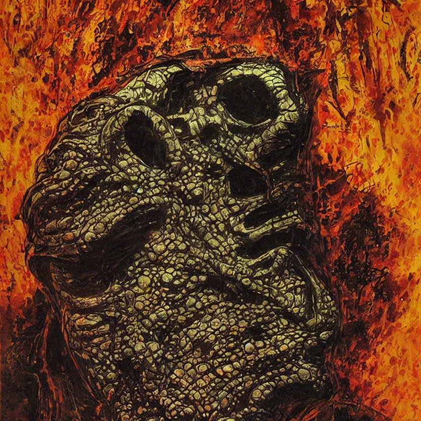 Prompt: close - up view of a reptile mummy emerging from a glowing ancient tomb. pulp sci - fi horror by basil gogos. tim jacobson. emsh. sharp focus. highly detailed painting. dark background