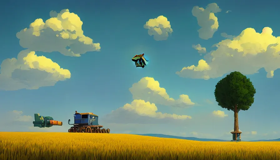 Prompt: hexagon in the sky, wheat field, harvesting machine, big tree, matte painting, art station, blue sky, simon stalenhag