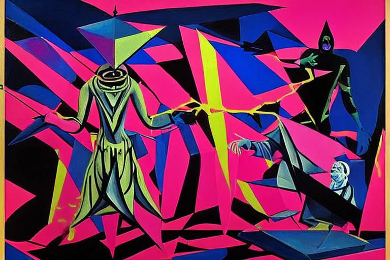 Image similar to a beautiful masterpiece painting of the technomancer wizard in dazzle camouflage robes with pointed hoods and his ai djinn performing psychic television on a crt tv by remedios varo and anato finnstark and greg rutkowski and andy warhol and francis picabia, dayglo pink, dayglo blue, dazzle camouflage, glowing, pearlescent white, raven black