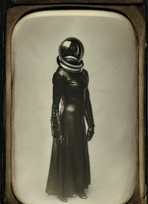 Prompt: wetplate daguerreotype portrait of futuristic astronaut woman, elegant, by louis jacques mande daguerre