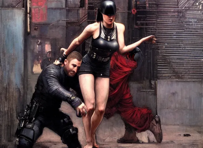 Prompt: Maria evades sgt Griggs. Cyberpunk ninja escaping Menacing Cyberpunk police trooper griggs. (dystopian, police state, Cyberpunk 2077, bladerunner 2049). Iranian orientalist portrait by john william waterhouse and Edwin Longsden Long and Theodore Ralli and Nasreddine Dinet, oil on canvas. Cinematic, vivid colors, hyper realism, realistic proportions, dramatic lighting, high detail 4k