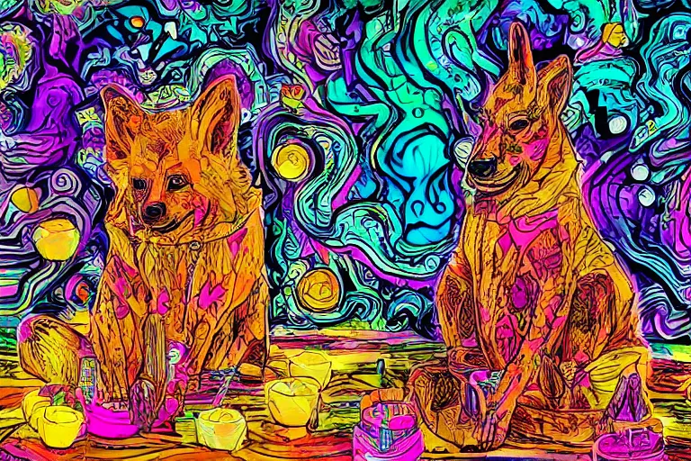 Prompt: a dingo who is a psychedelic music DJ. He has a house for a body. There are candles all around. He is tripping on LSD. Highly detailed, Cinematic. Cartoon style. 4k, Realistic, detailed.