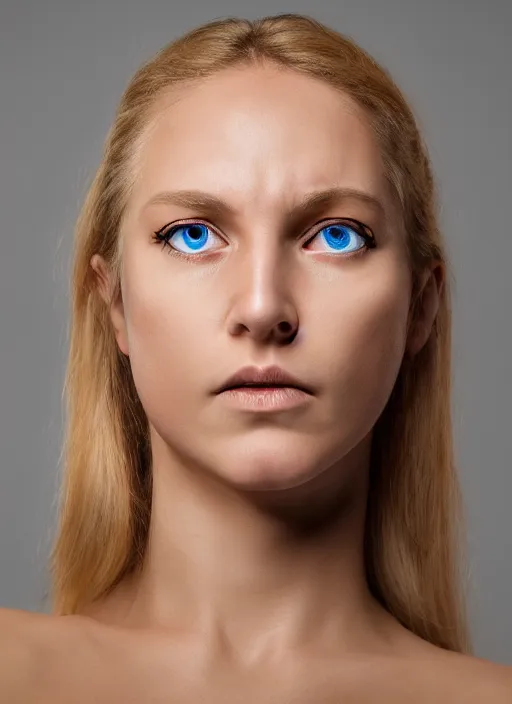 Image similar to face portrait of a nordic girl, big green eyes, light golden blonde hair, greek nose, low and wide forehead, glowing skin, face expression of contempt, ultra hd, hyper - realistic photograph, 8 k