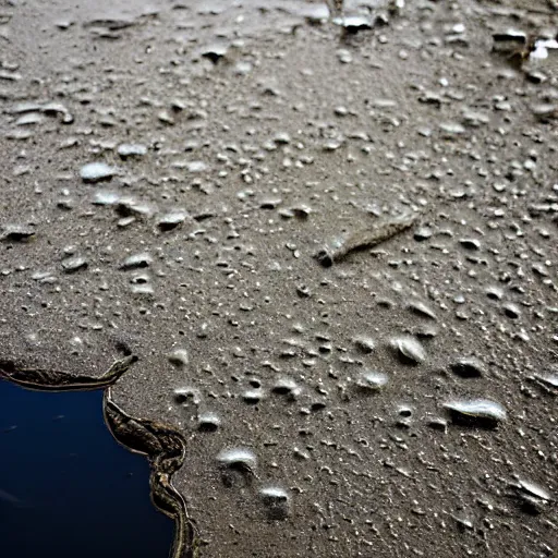 Image similar to top down photograph looking into a puddle, a shriveled old man is staring up from under the surface of the water