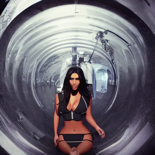 Image similar to kim kardashian inside alien water tank, attire: bikini, Polaroids, establishing action shot, ultra detailed, trending on artstation, concept art, intricate details, 8k detail, post processing, hyperealistic, octane render, led lights, full body, full shot.