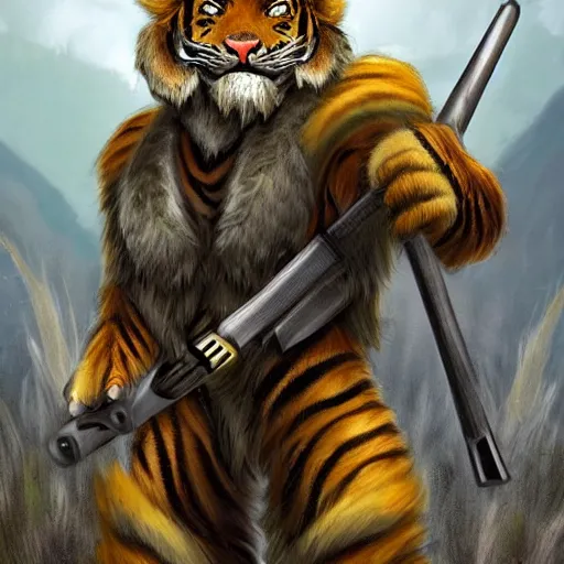 Image similar to !dream a humanoid tiger man with grey fur in full body armor yellow eyes, and grey fur with teeth that protrude past their lower jaw holding rifles