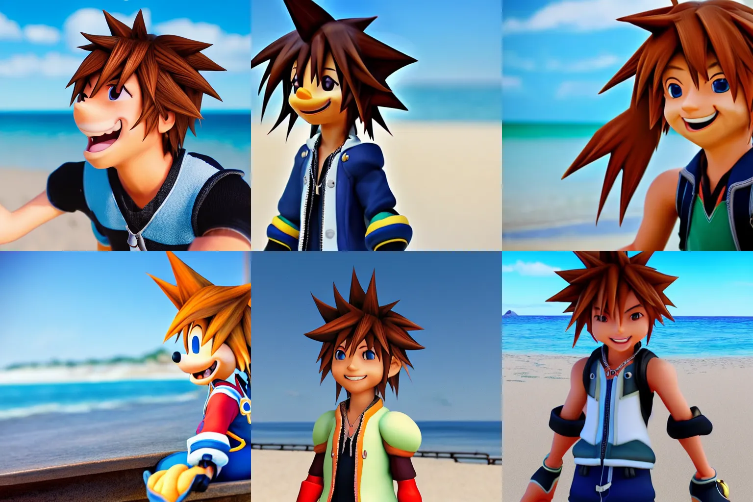 Prompt: candid photo of Sora from Kingdom hearts smiling at the beach. 85 mm lens. Award winning photography.