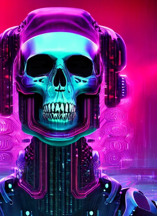 Image similar to album art of a futuristic skull with glowing eyes and a purple background, cyberpunk art by android jones, behance contest winner, computer art, darksynth, synthwave, rendered in cinema 4 d