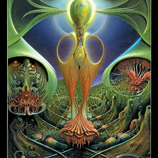 Image similar to divine chaos engine by roger dean and andrew ferez, symbolist, visionary, art forms of nature by ernst haeckel, m. w. kaluta