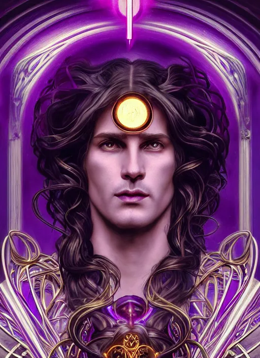 Image similar to the god zeus, portrait, wavy black electric hair, glowing eyes,, volumetric lights, purple and gold scheme, art nouveau botanicals, gothic, intricate, highly detailed, digital painting, artstation, concept art, smooth, sharp focus, symmetric face, illustration, steampunk, art by artgerm and greg rutkowski and alphonse mucha