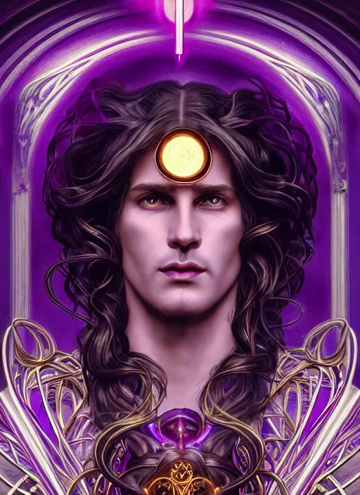 Prompt: the god zeus, portrait, wavy black electric hair, glowing eyes,, volumetric lights, purple and gold scheme, art nouveau botanicals, gothic, intricate, highly detailed, digital painting, artstation, concept art, smooth, sharp focus, symmetric face, illustration, steampunk, art by artgerm and greg rutkowski and alphonse mucha