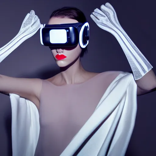 Image similar to high fashion photography of a model in neo futurism white sci - fi makup, wearing vr goggles, transparent cloth, beautifully lit