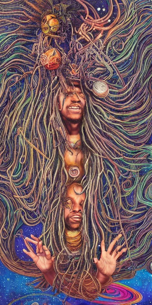 Image similar to a high hyper detailed ultrarealistic painting with many complex textures of man with long dreadlocks making music in the cosmos, cosmic surreal psychedelic magic realism spiritual art