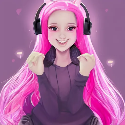 Prompt: !dream very very very beautiful pink gamer girl wearing headphones with a unicorn horn coming out of her head standing in a pink girls room, full body portrait, eye contact, smiling, perfect face, perfect body, extreme long shot, drawn by artgerm