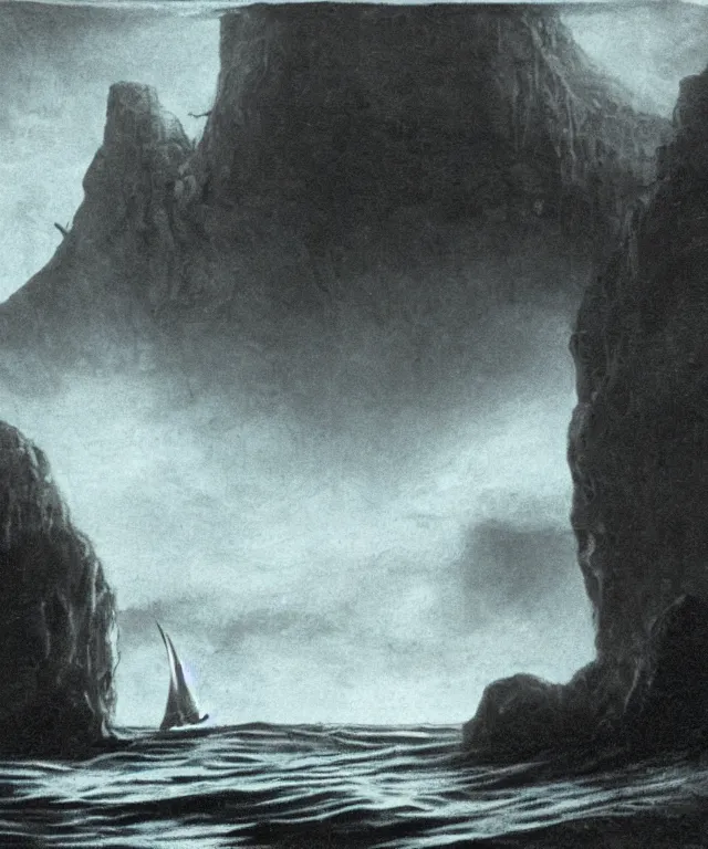 Prompt: realistic photo of a 1 9 2 5 seiner sailing near a tropical skull - shaped cliff with the mouth of a sea cave at the waterline, dark, brooding, atmospheric, lovecraft, horror, smooth, epic, highly detailed, cinematic, by clyde caldwell