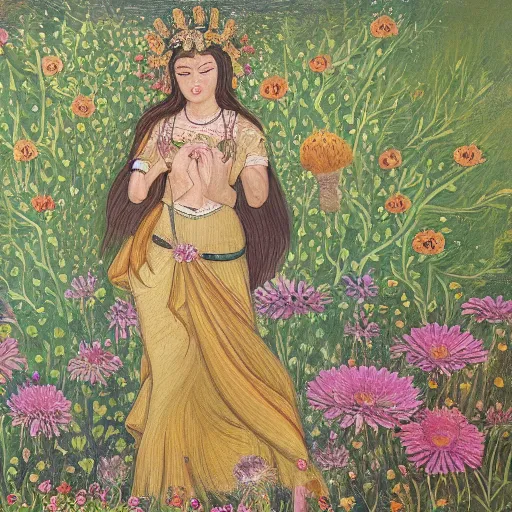 Prompt: detailed painting of a goddess walking through a medow, flowers bloom where she steps