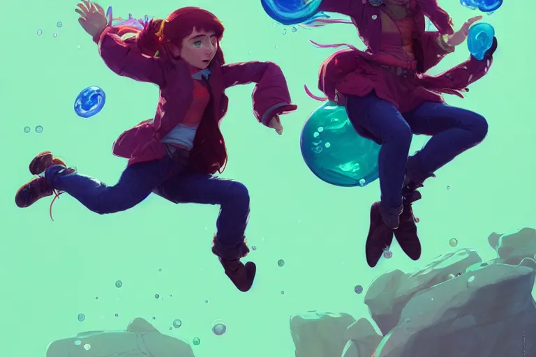 Image similar to madeline from celeste jumping to a green jelly bubble, blue bubble jacket red long hair, highly detailed, digital painting, artstation, concept art, sharp focus, illustration, art by greg rutkowski and alphonse mucha