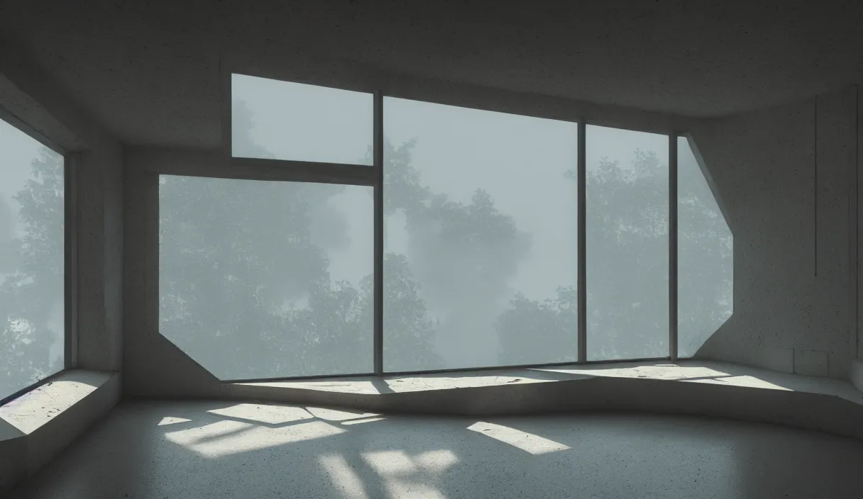 Image similar to an eco brutalist room with small windows, dramatic lighting, hyper realistic, photography, 3 5 mm, kodak film, 8 k, octane render, unreal engine render, concept art, volumetric lighting, foggy