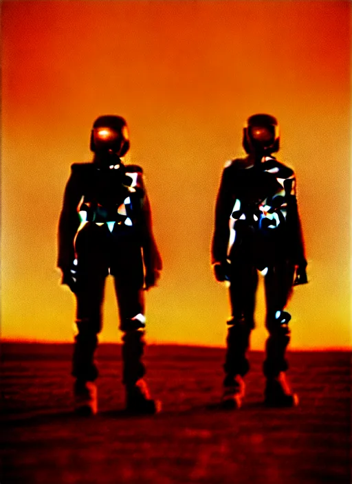 Image similar to cinestill 5 0 d photographic portrait of two loving clones, techwear women on a desolate plain with a red sky, a brutalist dark metal facility in the background, dust storm, depth of field, 4 k, 8 k, hd, full color