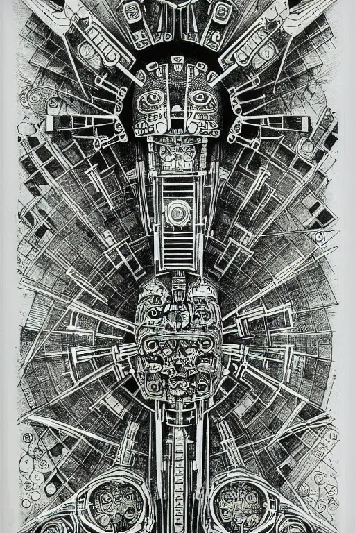 Prompt: a black and white drawing of futuristic ancient japanese temple mech, bioluminescence, a detailed mixed media collage by eduardo paolozzi and ernst haeckel, intricate linework, sketchbook psychedelic doodle comic drawing, geometric, deconstructivism, matte drawing, academic art, constructivism