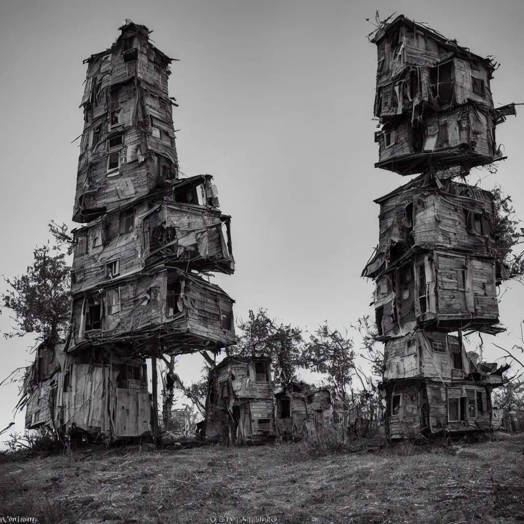 Prompt: a tower made up of makeshift squatter shacks, dystopia, sony a 7 r 3, f 1 1, fully frontal view, photographed by ansel adams, ultra detailed,