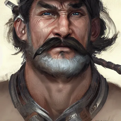 Image similar to portrait cool old barbarian warrior with trucker mustache and short hair, 8 k, trending on art station, by tooth wu and greg rutkowski