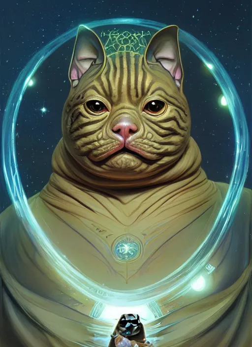 Prompt: jabba the hutt but it's a cat, star wars, beautiful glowing lights, sci - fi, stunning, intricate, elegant. highly detailed, digital painting. artstation. smooth. sharp focus. illustration. art by artgerm and greg rutkowski and alphonse mucha