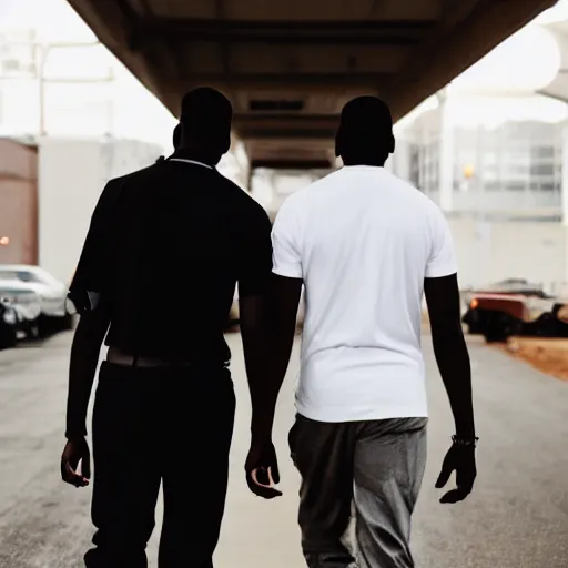 Image similar to a tall black man and a short white man walk together