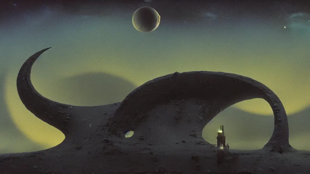 Image similar to mysterious sculpture of an alien crescent moon by paul lehr and john schoenherr, cinematic matte painting