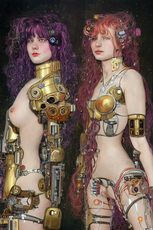 Prompt: two beautiful young cyborg maidens, cyberpunk, kiss, highly detailed, artstation, illustration, art by Gustav Klimt