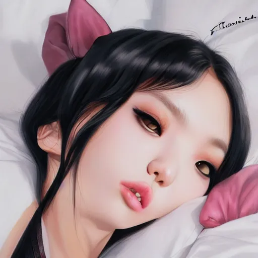 Prompt: realistic detailed semirealism beautiful gorgeous cute Blackpink Lalisa Manoban sleeping, black hair black cat ears, black leather choker, proportional body, WLOP, Aztodio, Taejune Kim, sakimichan, ArtGerm, Pixiv, Instagram, Artstation