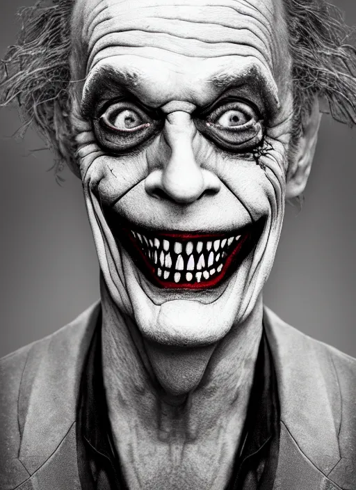 Image similar to photo of Christopher Lloyd as the Joker by Eolo Perfido and Lee Jeffries, smile, head shot, detailed, award winning, Sony a7R