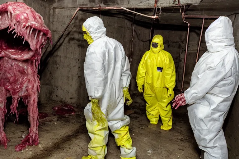 Prompt: a man in a hazmat suit looks on helplessly as a huge gory drippy raw meat monster grows out of control in a creepy underground lab