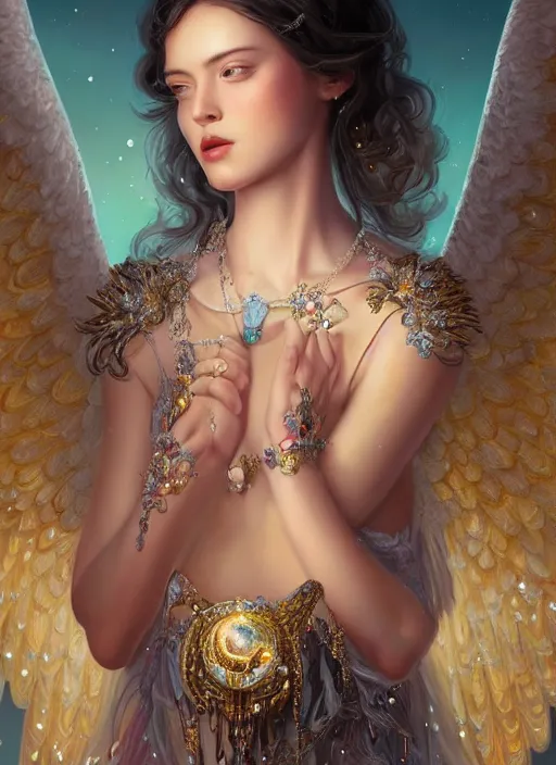 Image similar to A beautiful digital painting of a female angel full of jewels, princess, the moon behind her, intricate, cinematic lighting, highly detailed, digital painting, Artstation, concept art, smooth, sharp focus, illustration, art by Tom Bagshaw, Artgerm and Greg Rutkowski