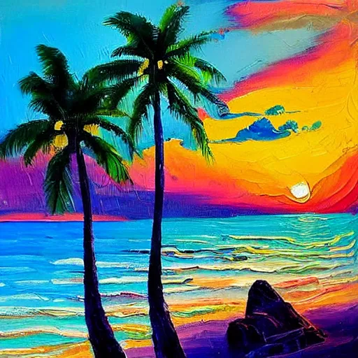 Image similar to an impasto oil painting of beautiful tropical islands during a colorful sunsetpainted by ken hong leung