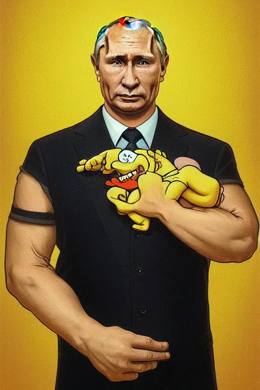 Prompt: vladimir putin as a yellow funny homer simpson, realistic portrait, symmetrical, highly detailed, digital painting, artstation, concept art, smooth, sharp focus, illustration, cinematic lighting, art by artgerm and greg rutkowski and alphonse mucha