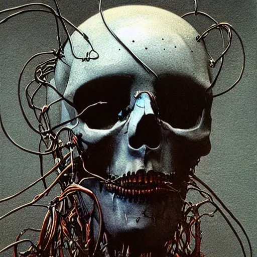 Prompt: horrific cyborg, horror movie lighting, exposed skull and wires, beksinski art style,