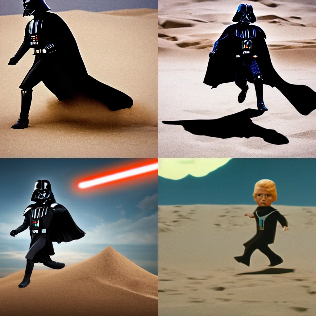 Prompt: darth vader running away from a pile of sand